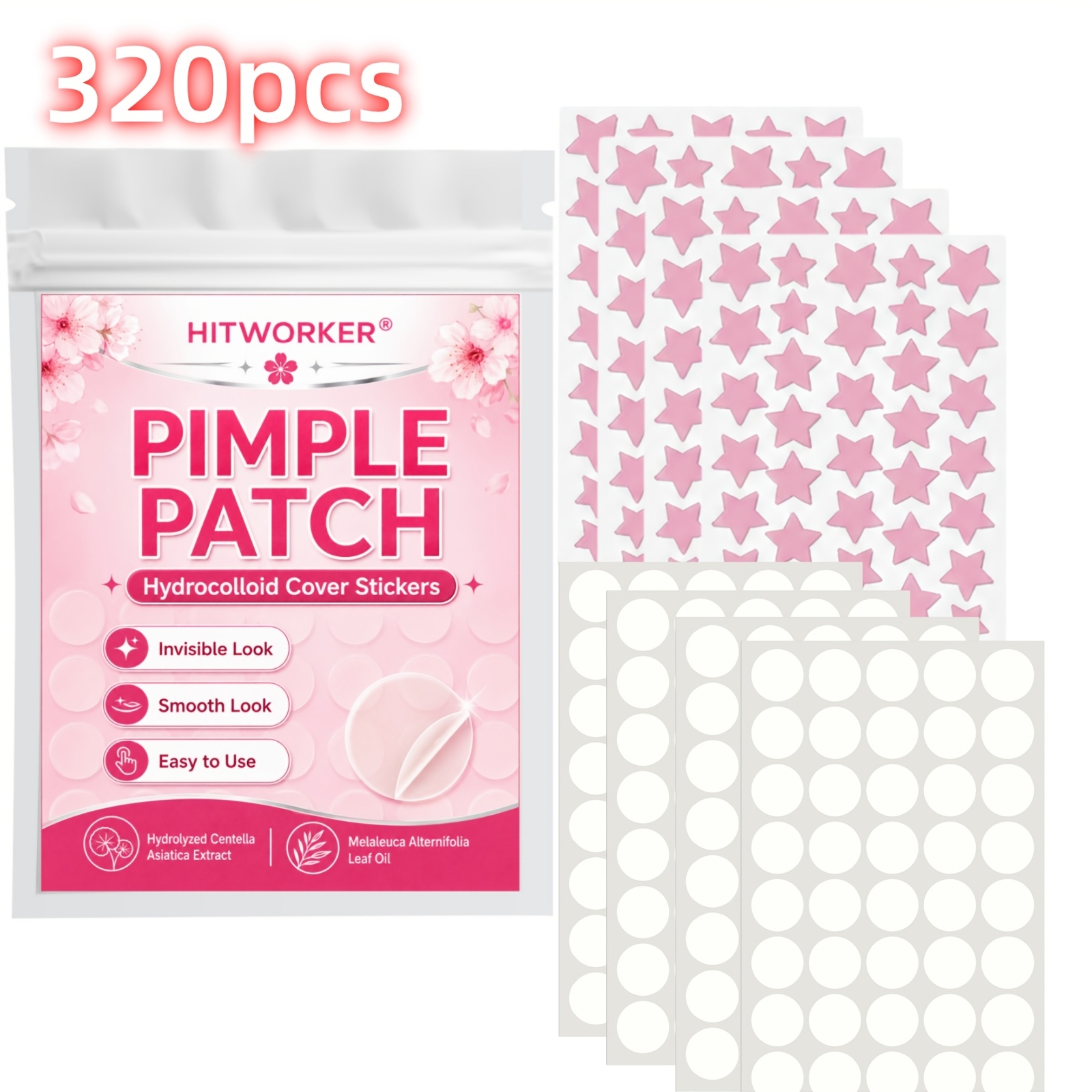 Hydrocolloid Pimple Patch - 320 Patchs Hydrocolloïdes Invisibles, Formes Étoile
